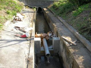 水路に設置した堰の工事